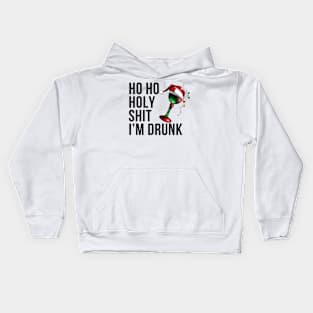 Christmas Humor. Rude, Offensive, Inappropriate Christmas Design. Ho Ho Holy Shit I'm Drunk. Black Writing with Christmas Lights Wine Glass and Santa Hat Kids Hoodie